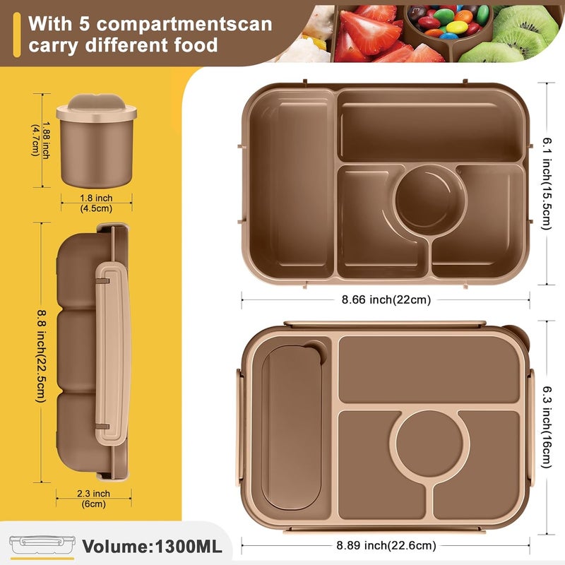 Amathley Bento Box Adult Lunch Box Kids,Lunch Containers for Adults/Kids/Toddler,5 Compartments Bento Lunch Box with Sauce Vontainers,Microwave & Dishwasher & Freezer Safe,BPA-Free (Brown) - Image 2